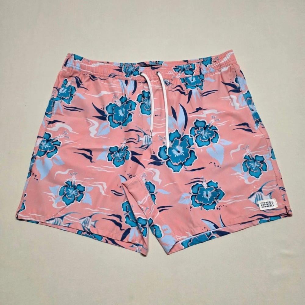 O'Neill Men XL Salmon Floral Swim Trunks Linerless Above Knee Elastic Waist